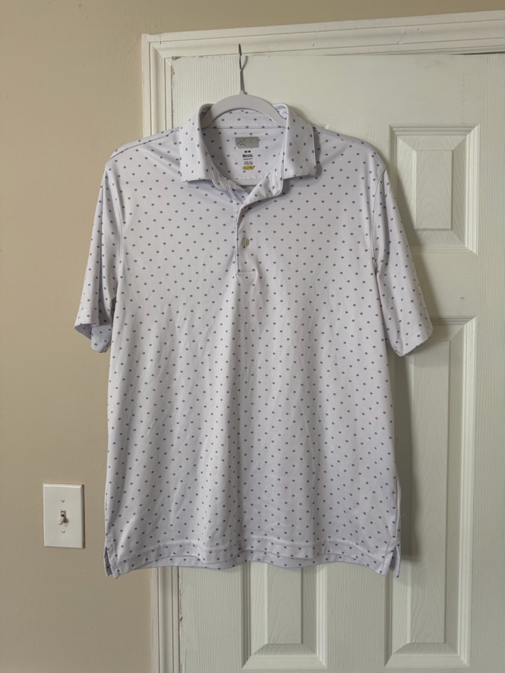 Greg Norman Collection White Polo with Navy Micro Dots